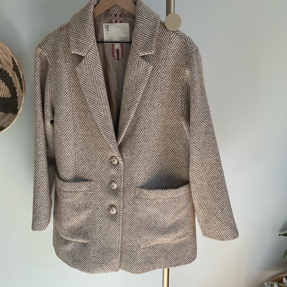 Pilcro from Anthropologie Brushed Herringbone Blazer Size Medium Cream and Beige - Picture 6 of 16